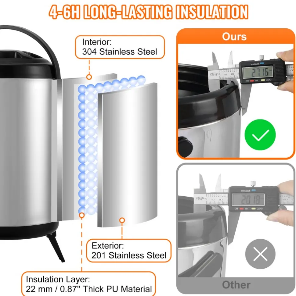 VEVOR Stainless Steel Insulated Beverage Dispenser, 2 Gallon 7.6 Liter, Thermal Hot and Cold Drink Server Dispenser with Spigot Handle, Food-grade for Hot Tea Coffee Water Restaurant Drink Shop