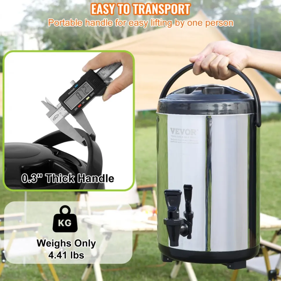 VEVOR Stainless Steel Insulated Beverage Dispenser, 2 Gallon 7.6 Liter, Thermal Hot and Cold Drink Server Dispenser with Spigot Handle, Food-grade for Hot Tea Coffee Water Restaurant Drink Shop