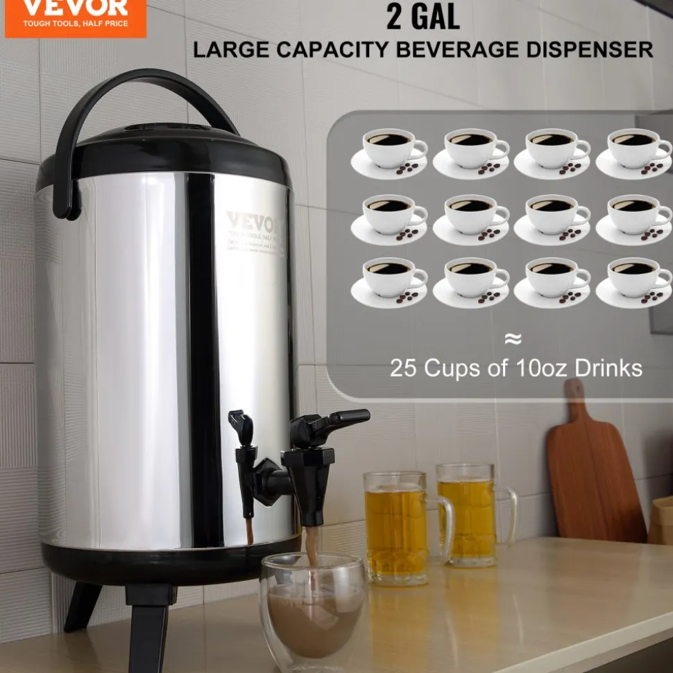 VEVOR Stainless Steel Insulated Beverage Dispenser, 2 Gallon 7.6 Liter, Thermal Hot and Cold Drink Server Dispenser with Spigot Handle, Food-grade for Hot Tea Coffee Water Restaurant Drink Shop