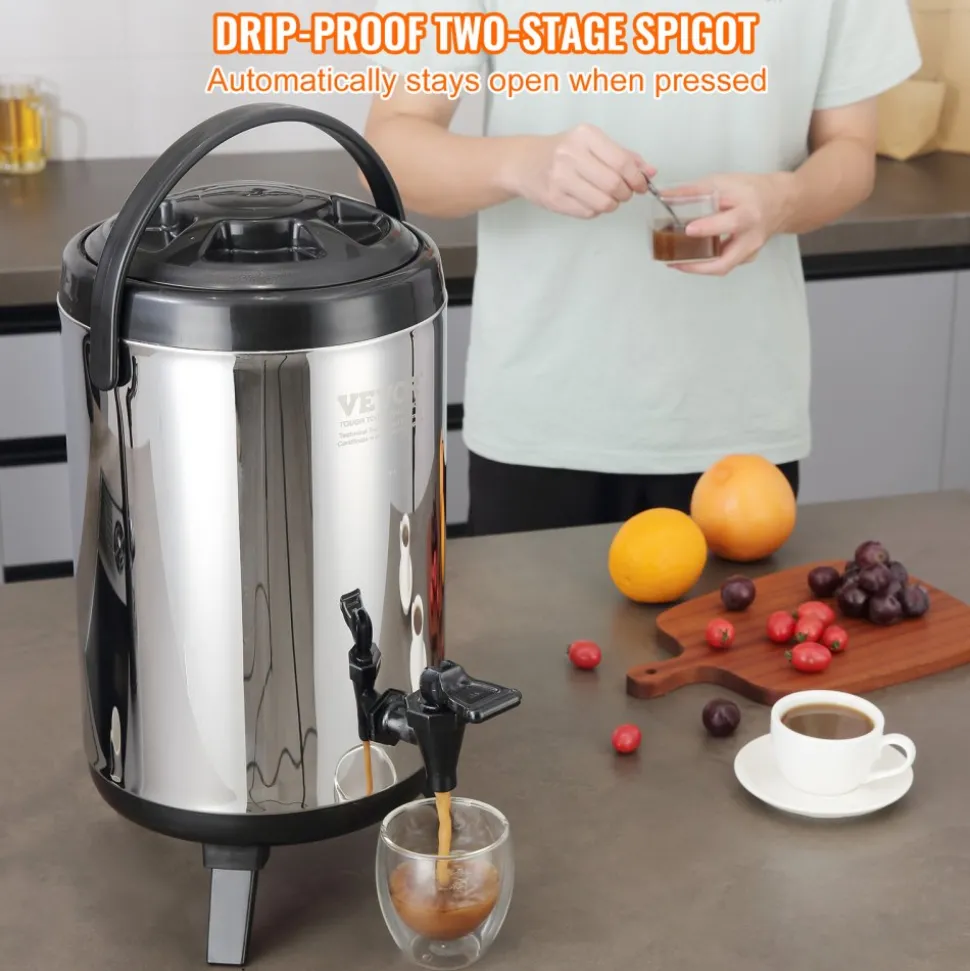VEVOR Stainless Steel Insulated Beverage Dispenser, 2 Gallon 7.6 Liter, Thermal Hot and Cold Drink Server Dispenser with Spigot Handle, Food-grade for Hot Tea Coffee Water Restaurant Drink Shop