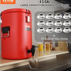 VEVOR Stainless Steel Insulated Beverage Dispenser, 4.5 Gallon 17.2 Liter, Thermal Hot and Cold Drink Server Dispenser with Spigot Handle, Food-grade for Hot Tea Coffee Water Restaurant Drink Shop