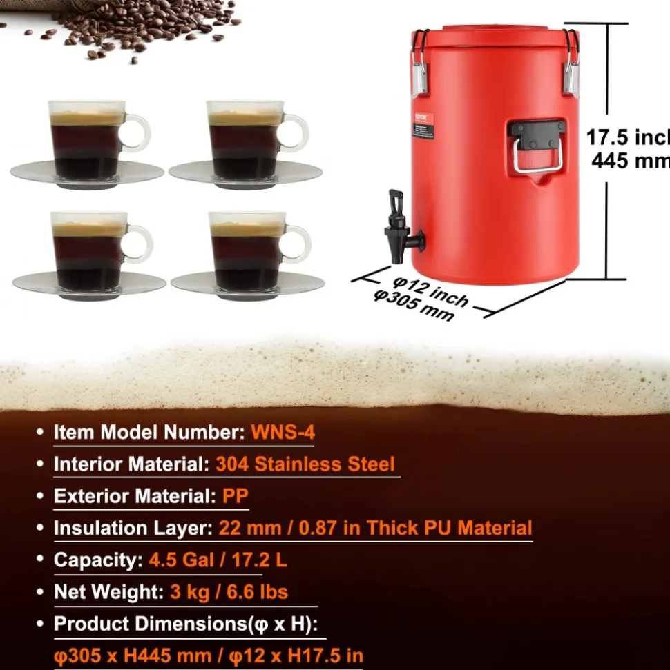 VEVOR Stainless Steel Insulated Beverage Dispenser, 4.5 Gallon 17.2 Liter, Thermal Hot and Cold Drink Server Dispenser with Spigot Handle, Food-grade for Hot Tea Coffee Water Restaurant Drink Shop