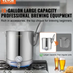 VEVOR Stainless Steel Kettle, 5 GALLON Brewing Pot, Tri Ply Bottom for Beer, Brew Kettle Pot, Home Brewing Supplies Includes Lid, Handle, Thermometer, Ball Valve Spigot, Filter, Filter Tray