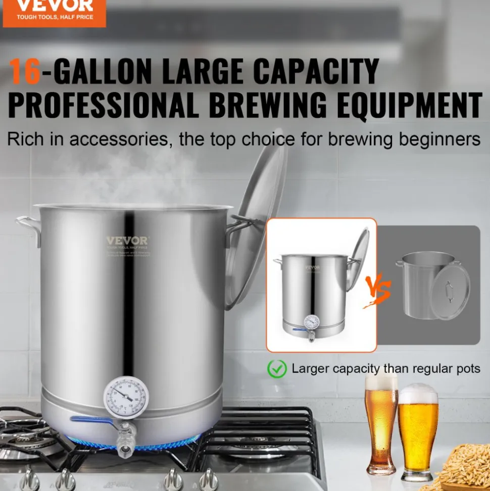 VEVOR Stainless Steel Kettle, 5 GALLON Brewing Pot, Tri Ply Bottom for Beer, Brew Kettle Pot, Home Brewing Supplies Includes Lid, Handle, Thermometer, Ball Valve Spigot, Filter, Filter Tray