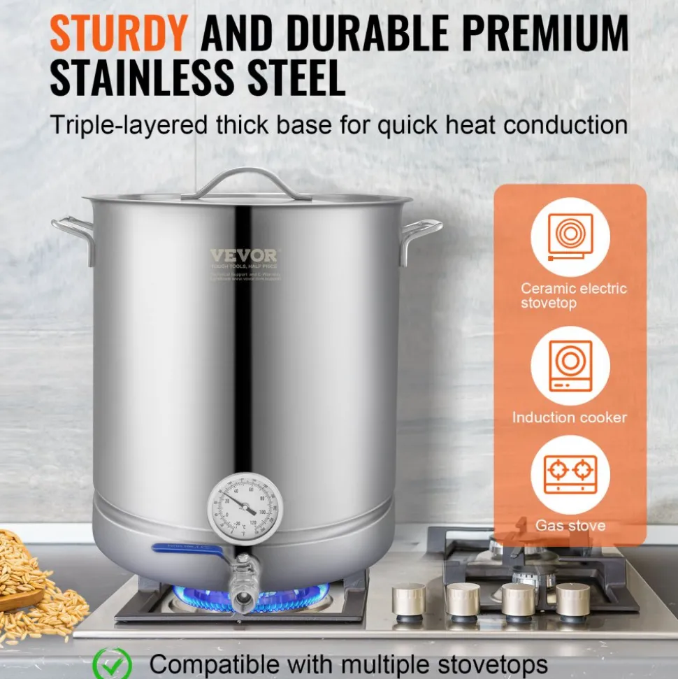 VEVOR Stainless Steel Kettle, 5 GALLON Brewing Pot, Tri Ply Bottom for Beer, Brew Kettle Pot, Home Brewing Supplies Includes Lid, Handle, Thermometer, Ball Valve Spigot, Filter, Filter Tray