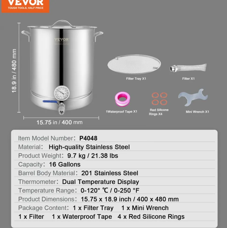 VEVOR Stainless Steel Kettle, 5 GALLON Brewing Pot, Tri Ply Bottom for Beer, Brew Kettle Pot, Home Brewing Supplies Includes Lid, Handle, Thermometer, Ball Valve Spigot, Filter, Filter Tray