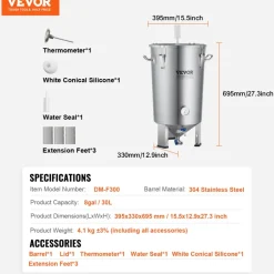 VEVOR 304 Stainless Steel Kettle, 8 GALLON Beer Brew Fermentor, Brew Bucket Fermentor for Brewing, Home Brewing Supplies with Base, Kettle Stock Pot Includes Lid, Handle, Valve, Spigot, Thermometer