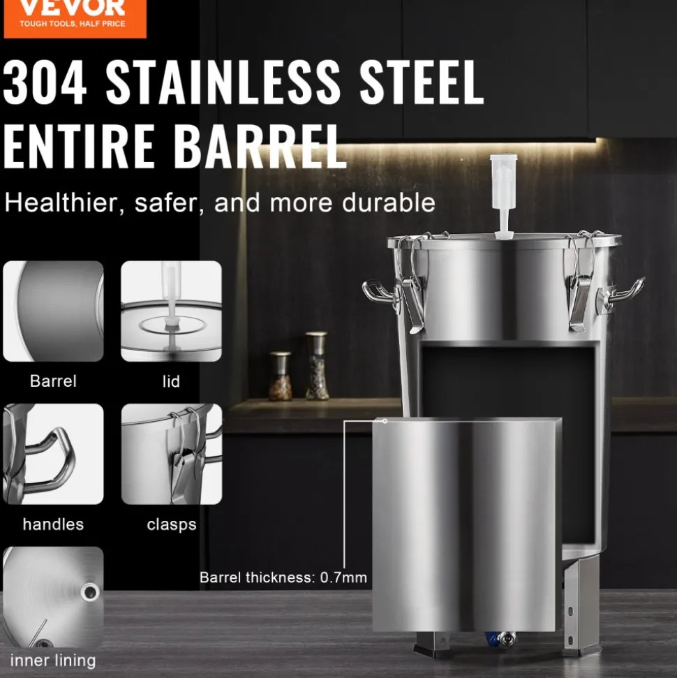 VEVOR 304 Stainless Steel Kettle, 8 GALLON Beer Brew Fermentor, Brew Bucket Fermentor for Brewing, Home Brewing Supplies with Base, Kettle Stock Pot Includes Lid, Handle, Valve, Spigot, Thermometer