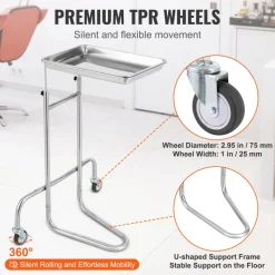 VEVOR Stainless Steel Lab Carts, Lab Utility Cart with Single Tray, Mobile Medical Cart with 2 Silent Wheels, Lab Rolling Cart for Lab, Clinic, Hospital, Salon