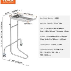 VEVOR Stainless Steel Lab Carts, Lab Utility Cart with Single Tray, Mobile Medical Cart with 2 Silent Wheels, Lab Rolling Cart for Lab, Clinic, Hospital, Salon