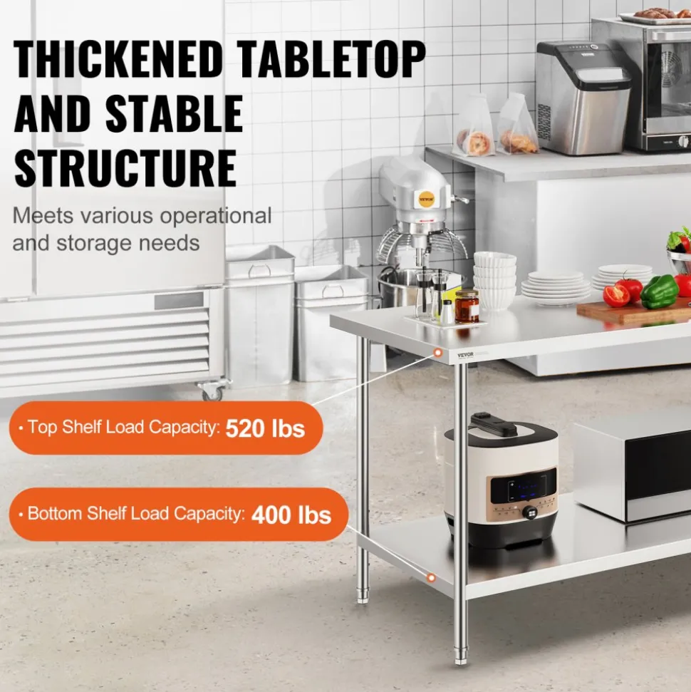 VEVOR Stainless Steel Prep Table, 30 x 72 x 34 Inch, 920 lbs Load Capacity, Heavy Duty Metal Worktable with 3 Adjustable Height Levels, Commercial Workstation for Kitchen Garage Restaurant Backyard