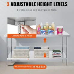 VEVOR Stainless Steel Prep Table, 30 x 72 x 34 Inch, 920 lbs Load Capacity, Heavy Duty Metal Worktable with 3 Adjustable Height Levels, Commercial Workstation for Kitchen Garage Restaurant Backyard