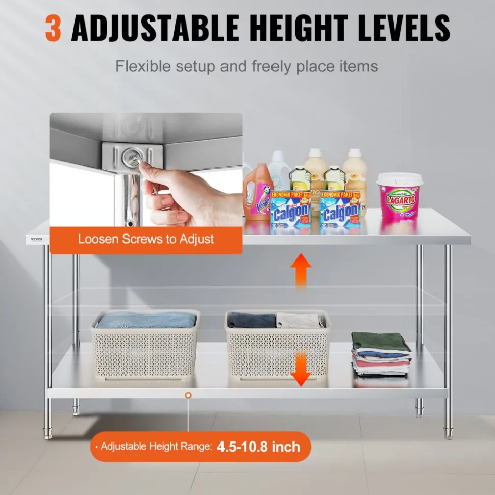 VEVOR Stainless Steel Prep Table, 30 x 72 x 34 Inch, 920 lbs Load Capacity, Heavy Duty Metal Worktable with 3 Adjustable Height Levels, Commercial Workstation for Kitchen Garage Restaurant Backyard