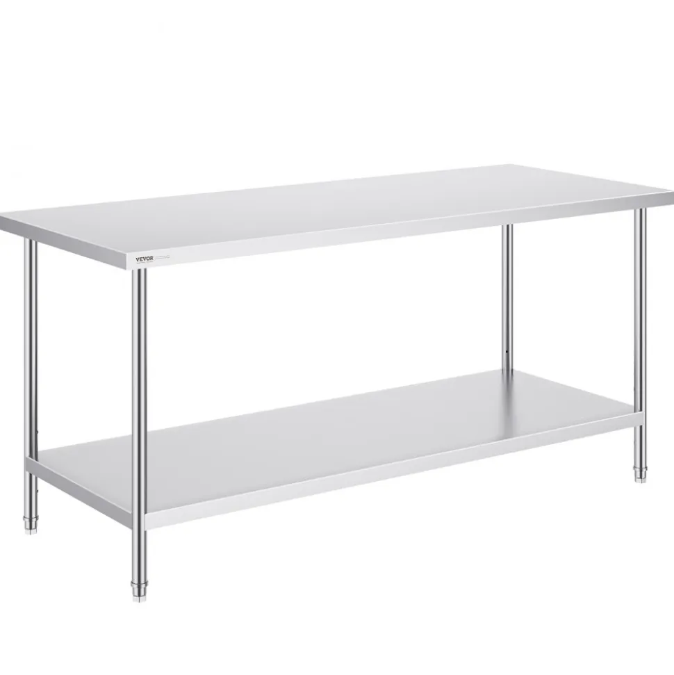 VEVOR Stainless Steel Prep Table, 30 x 72 x 34 Inch, 920 lbs Load Capacity, Heavy Duty Metal Worktable with 3 Adjustable Height Levels, Commercial Workstation for Kitchen Garage Restaurant Backyard