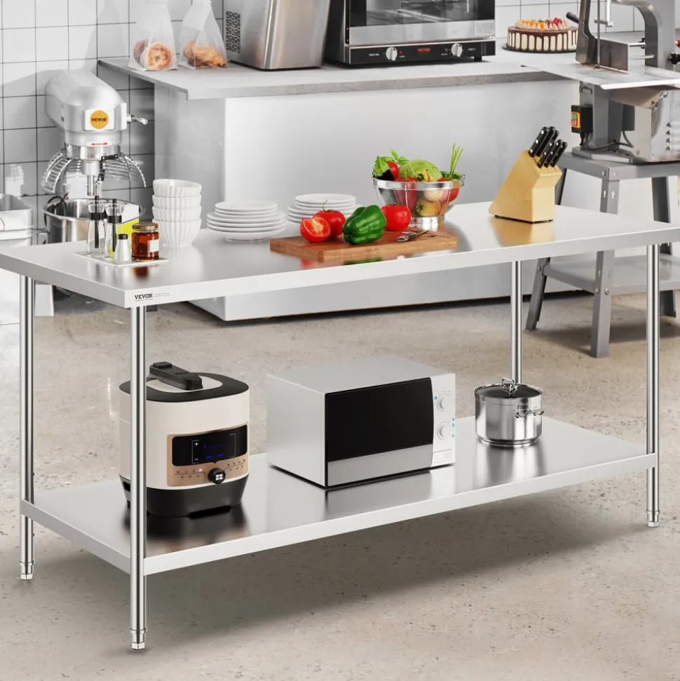 VEVOR Stainless Steel Prep Table, 30 x 72 x 34 Inch, 920 lbs Load Capacity, Heavy Duty Metal Worktable with 3 Adjustable Height Levels, Commercial Workstation for Kitchen Garage Restaurant Backyard
