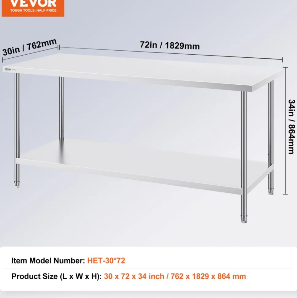 VEVOR Stainless Steel Prep Table, 30 x 72 x 34 Inch, 920 lbs Load Capacity, Heavy Duty Metal Worktable with 3 Adjustable Height Levels, Commercial Workstation for Kitchen Garage Restaurant Backyard