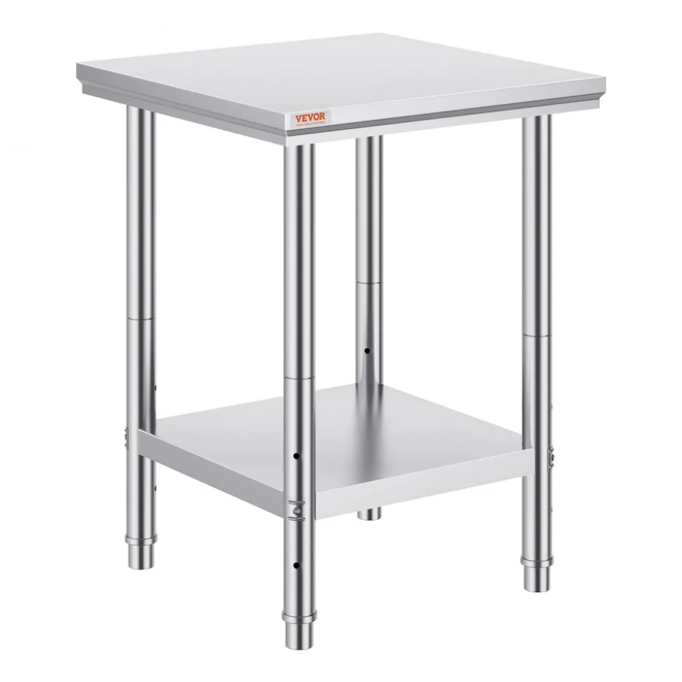 VEVOR Stainless Steel Prep Table, 30 x 60 x 34 Inch, 910 lbs Load Capacity, Heavy Duty Metal Worktable with 3 Adjustable Height Levels, Commercial Workstation for Kitchen Garage Restaurant Backyard
