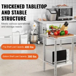 VEVOR Stainless Steel Prep Table, 30 x 60 x 34 Inch, 910 lbs Load Capacity, Heavy Duty Metal Worktable with 3 Adjustable Height Levels, Commercial Workstation for Kitchen Garage Restaurant Backyard