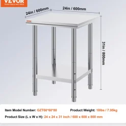 VEVOR Stainless Steel Prep Table, 30 x 60 x 34 Inch, 910 lbs Load Capacity, Heavy Duty Metal Worktable with 3 Adjustable Height Levels, Commercial Workstation for Kitchen Garage Restaurant Backyard