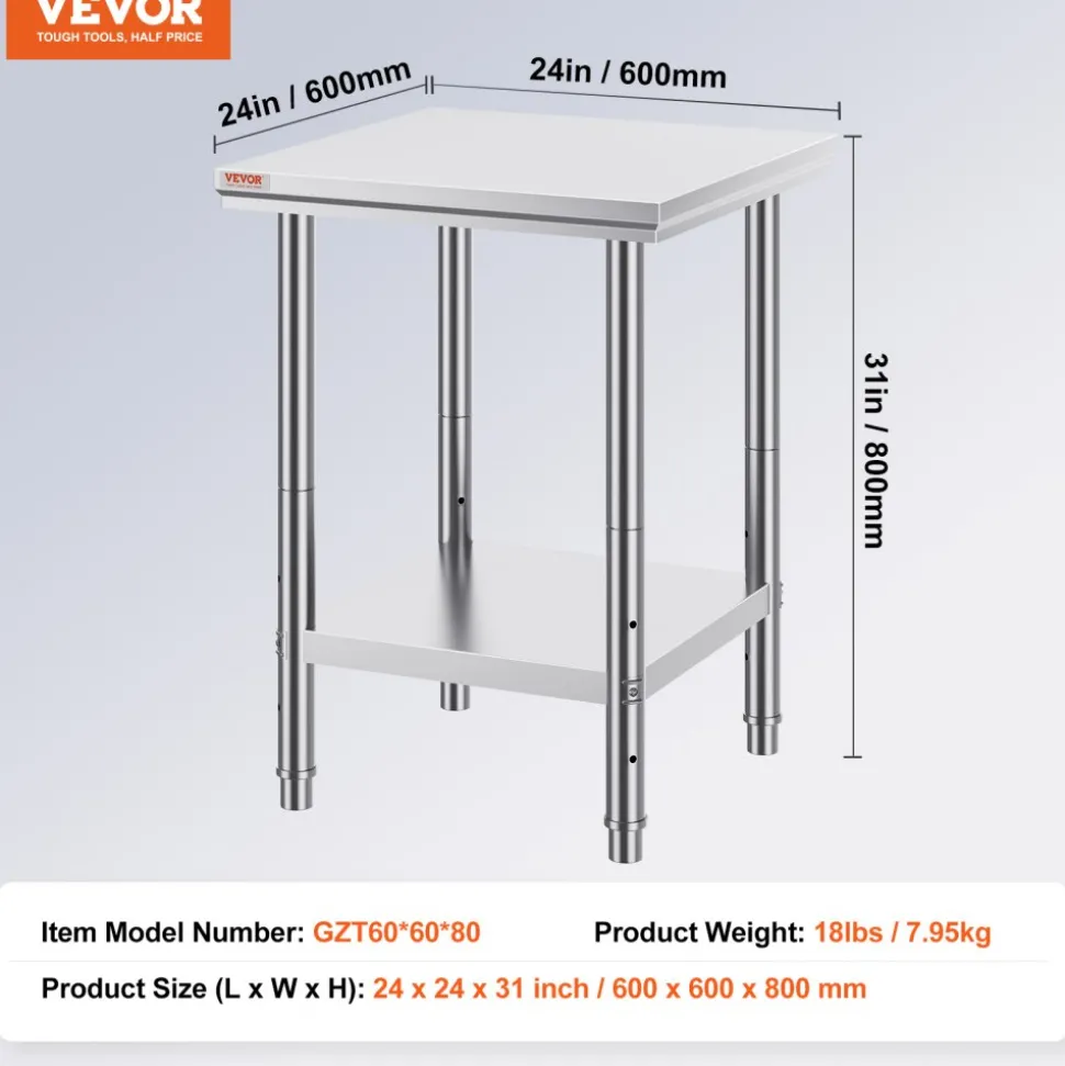 VEVOR Stainless Steel Prep Table, 30 x 60 x 34 Inch, 910 lbs Load Capacity, Heavy Duty Metal Worktable with 3 Adjustable Height Levels, Commercial Workstation for Kitchen Garage Restaurant Backyard