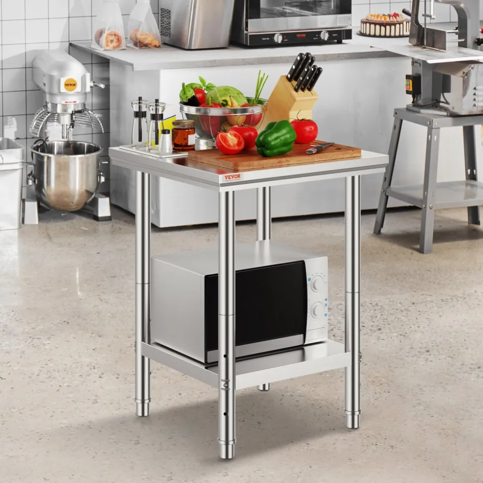 VEVOR Stainless Steel Prep Table, 30 x 60 x 34 Inch, 910 lbs Load Capacity, Heavy Duty Metal Worktable with 3 Adjustable Height Levels, Commercial Workstation for Kitchen Garage Restaurant Backyard