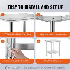 VEVOR Stainless Steel Prep Table, 30 x 60 x 34 Inch, 910 lbs Load Capacity, Heavy Duty Metal Worktable with 3 Adjustable Height Levels, Commercial Workstation for Kitchen Garage Restaurant Backyard