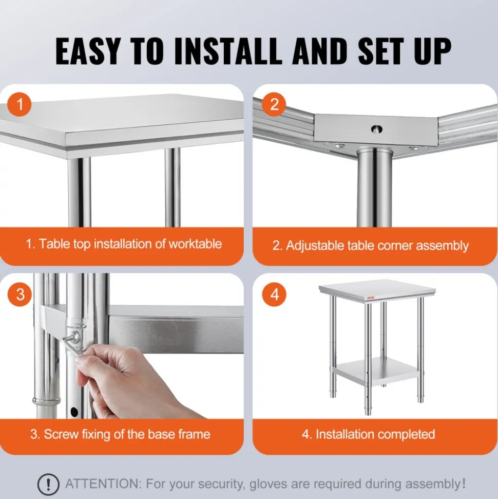 VEVOR Stainless Steel Prep Table, 30 x 60 x 34 Inch, 910 lbs Load Capacity, Heavy Duty Metal Worktable with 3 Adjustable Height Levels, Commercial Workstation for Kitchen Garage Restaurant Backyard
