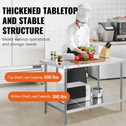 VEVOR Stainless Steel Prep Table, 30 x 48 x 34 Inch, 880 lbs Load Capacity, Heavy Duty Metal Worktable with 3 Adjustable Height Levels, Commercial Workstation for Kitchen Garage Restaurant Backyard