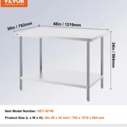 VEVOR Stainless Steel Prep Table, 30 x 48 x 34 Inch, 880 lbs Load Capacity, Heavy Duty Metal Worktable with 3 Adjustable Height Levels, Commercial Workstation for Kitchen Garage Restaurant Backyard