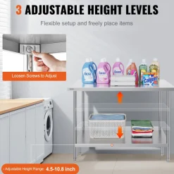 VEVOR Stainless Steel Prep Table, 30 x 48 x 34 Inch, 880 lbs Load Capacity, Heavy Duty Metal Worktable with 3 Adjustable Height Levels, Commercial Workstation for Kitchen Garage Restaurant Backyard
