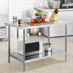 VEVOR Stainless Steel Prep Table, 30 x 48 x 34 Inch, 880 lbs Load Capacity, Heavy Duty Metal Worktable with 3 Adjustable Height Levels, Commercial Workstation for Kitchen Garage Restaurant Backyard