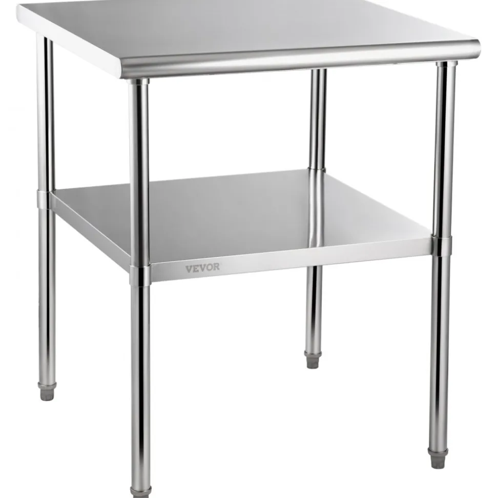 VEVOR Stainless Steel Prep Table, 30 x 30 x 36 Inch, 800lbs Load Capacity Heavy Duty Metal Worktable with Adjustable Undershelf & Feet, Commercial Workstation for Kitchen Garage Restaurant Backyard