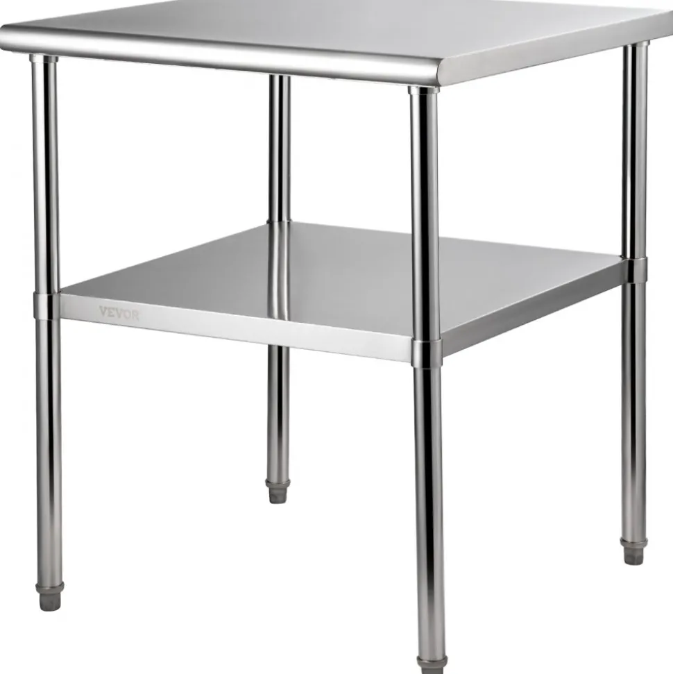 VEVOR Stainless Steel Prep Table, 30 x 30 x 36 Inch, 800lbs Load Capacity Heavy Duty Metal Worktable with Adjustable Undershelf & Feet, Commercial Workstation for Kitchen Garage Restaurant Backyard