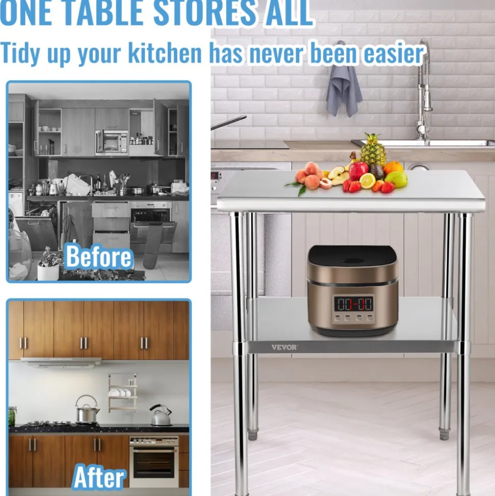 VEVOR Stainless Steel Prep Table, 30 x 30 x 36 Inch, 800lbs Load Capacity Heavy Duty Metal Worktable with Adjustable Undershelf & Feet, Commercial Workstation for Kitchen Garage Restaurant Backyard