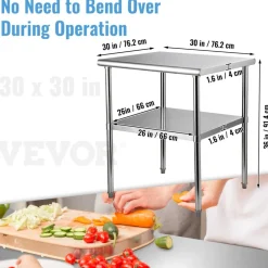VEVOR Stainless Steel Prep Table, 30 x 30 x 36 Inch, 800lbs Load Capacity Heavy Duty Metal Worktable with Adjustable Undershelf & Feet, Commercial Workstation for Kitchen Garage Restaurant Backyard