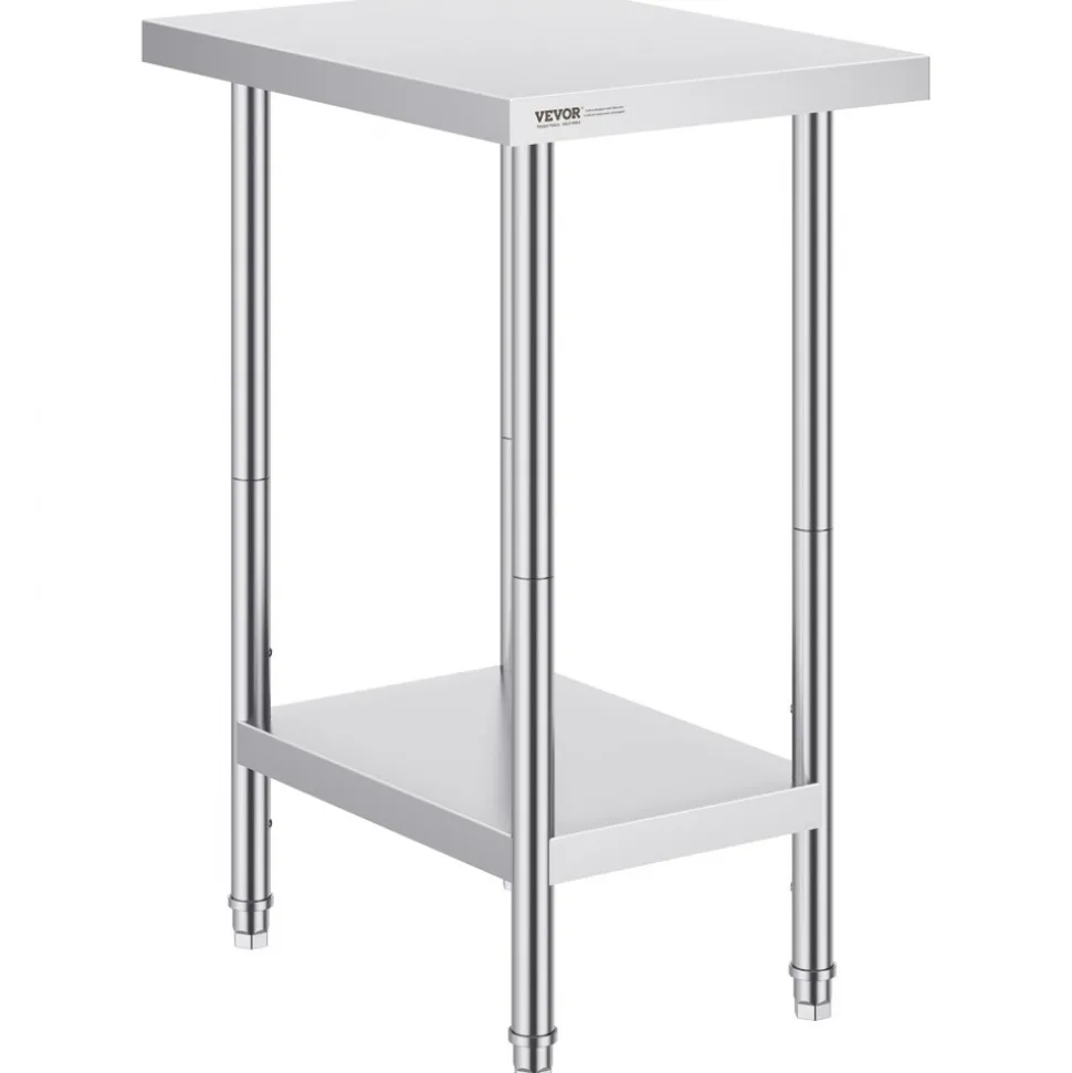 VEVOR Stainless Steel Prep Table, 24 x 18 x 34 Inch, 640 lbs Load Capacity, Heavy Duty Metal Worktable with 3 Adjustable Height Levels, Commercial Workstation for Kitchen Garage Restaurant Backyard