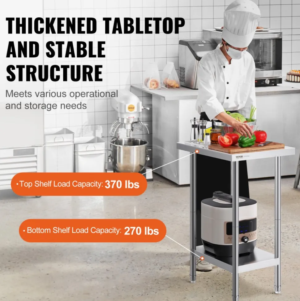 VEVOR Stainless Steel Prep Table, 24 x 18 x 34 Inch, 640 lbs Load Capacity, Heavy Duty Metal Worktable with 3 Adjustable Height Levels, Commercial Workstation for Kitchen Garage Restaurant Backyard