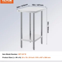 VEVOR Stainless Steel Prep Table, 24 x 18 x 34 Inch, 640 lbs Load Capacity, Heavy Duty Metal Worktable with 3 Adjustable Height Levels, Commercial Workstation for Kitchen Garage Restaurant Backyard