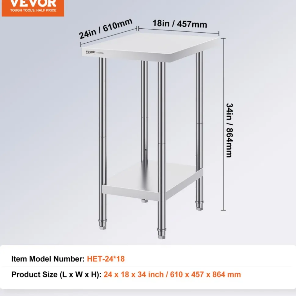 VEVOR Stainless Steel Prep Table, 24 x 18 x 34 Inch, 640 lbs Load Capacity, Heavy Duty Metal Worktable with 3 Adjustable Height Levels, Commercial Workstation for Kitchen Garage Restaurant Backyard