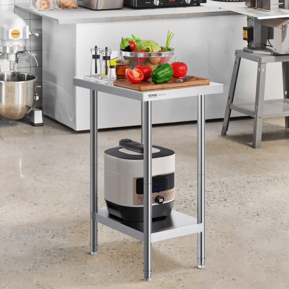VEVOR Stainless Steel Prep Table, 24 x 18 x 34 Inch, 640 lbs Load Capacity, Heavy Duty Metal Worktable with 3 Adjustable Height Levels, Commercial Workstation for Kitchen Garage Restaurant Backyard