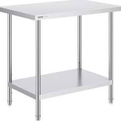VEVOR Stainless Steel Prep Table, 24 x 36 x 34 Inch, 750 lbs Load Capacity, Heavy Duty Metal Worktable with 3 Adjustable Height Levels, Commercial Workstation for Kitchen Garage Restaurant Backyard