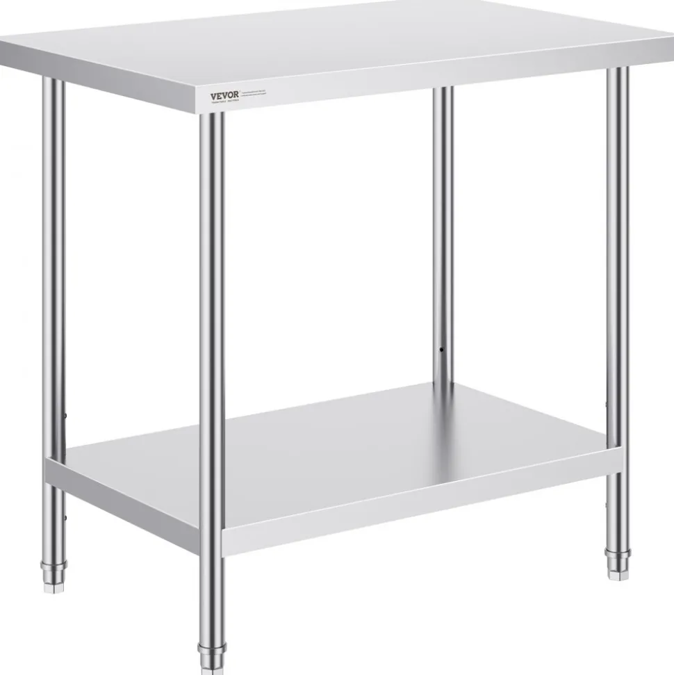 VEVOR Stainless Steel Prep Table, 24 x 36 x 34 Inch, 750 lbs Load Capacity, Heavy Duty Metal Worktable with 3 Adjustable Height Levels, Commercial Workstation for Kitchen Garage Restaurant Backyard