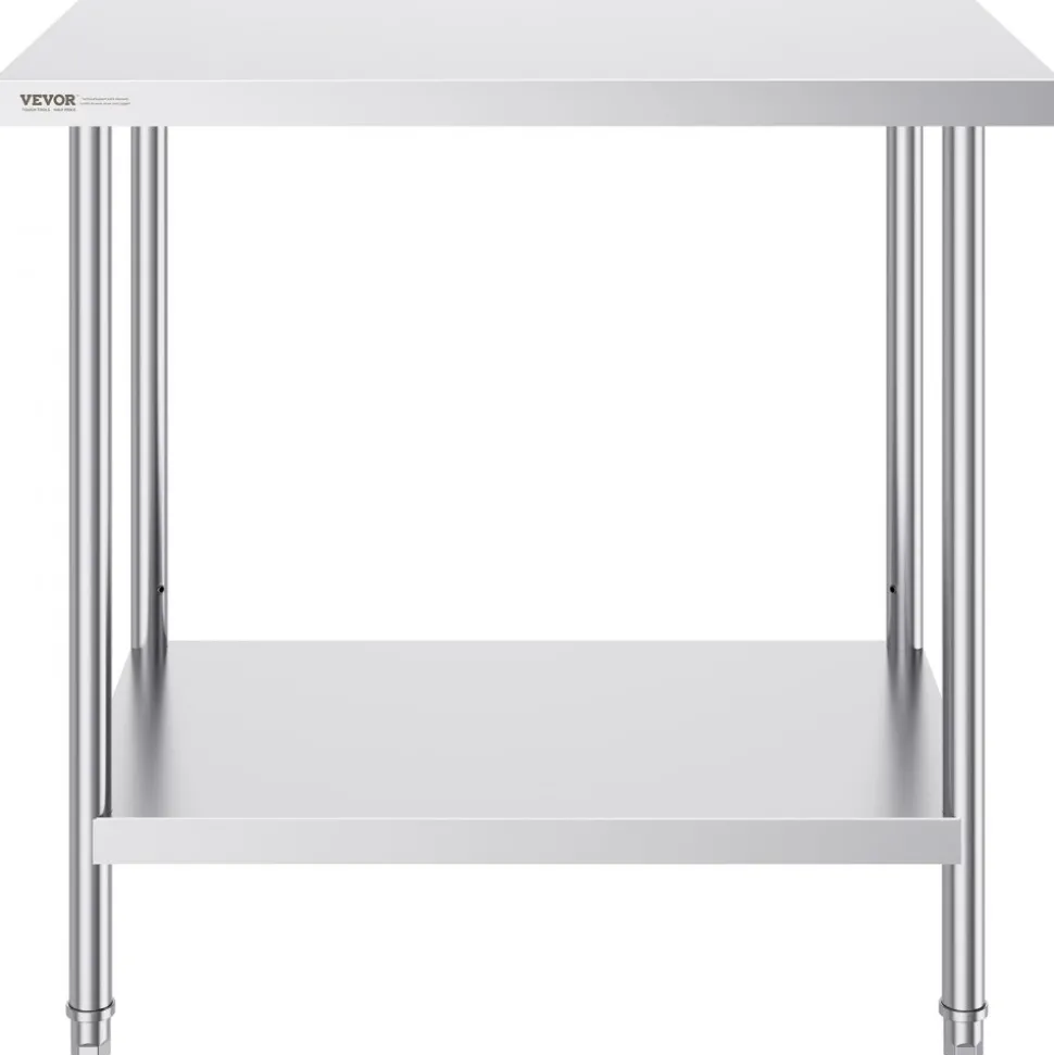 VEVOR Stainless Steel Prep Table, 24 x 36 x 34 Inch, 750 lbs Load Capacity, Heavy Duty Metal Worktable with 3 Adjustable Height Levels, Commercial Workstation for Kitchen Garage Restaurant Backyard
