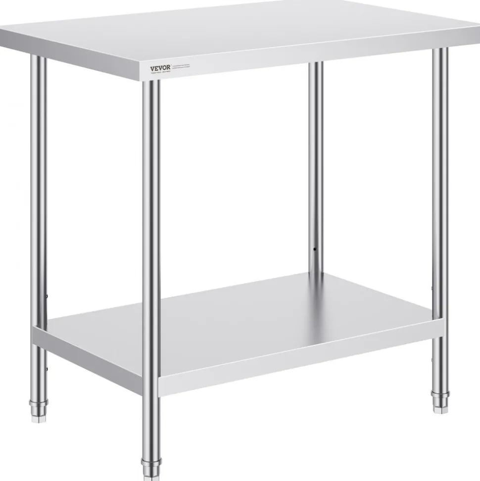 VEVOR Stainless Steel Prep Table, 24 x 36 x 34 Inch, 750 lbs Load Capacity, Heavy Duty Metal Worktable with 3 Adjustable Height Levels, Commercial Workstation for Kitchen Garage Restaurant Backyard