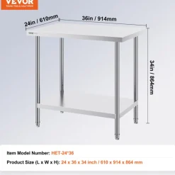 VEVOR Stainless Steel Prep Table, 24 x 36 x 34 Inch, 750 lbs Load Capacity, Heavy Duty Metal Worktable with 3 Adjustable Height Levels, Commercial Workstation for Kitchen Garage Restaurant Backyard