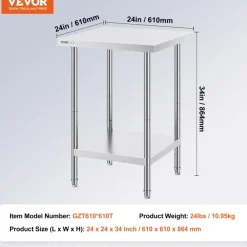 VEVOR Stainless Steel Prep Table, 24 x 24 x 34 Inch, 700 lbs Load Capacity, Heavy Duty Metal Worktable with 3 Adjustable Height Levels, Commercial Workstation for Kitchen Garage Restaurant Backyard