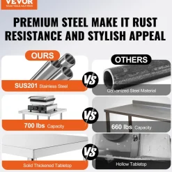 VEVOR Stainless Steel Prep Table, 24 x 24 x 34 Inch, 700 lbs Load Capacity, Heavy Duty Metal Worktable with 3 Adjustable Height Levels, Commercial Workstation for Kitchen Garage Restaurant Backyard