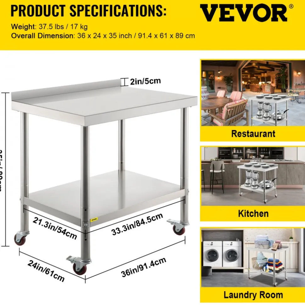 VEVOR Stainless Steel Prep Table, 36 x 24 x 35 Inch, 440lbs Load Capacity Heavy Duty Metal Worktable with Backsplash Adjustable Undershelf & 4 Casters, Commercial Workstation for Kitchen Restaurant