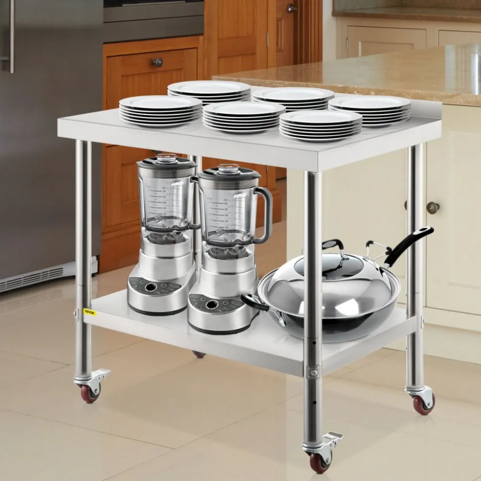 VEVOR Stainless Steel Prep Table, 36 x 24 x 35 Inch, 440lbs Load Capacity Heavy Duty Metal Worktable with Backsplash Adjustable Undershelf & 4 Casters, Commercial Workstation for Kitchen Restaurant