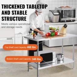 VEVOR Stainless Steel Prep Table, 24 x 48 x 34 Inch, 800 lbs Load Capacity, Heavy Duty Metal Worktable with 3 Adjustable Height Levels, Commercial Workstation for Kitchen Garage Restaurant Backyard
